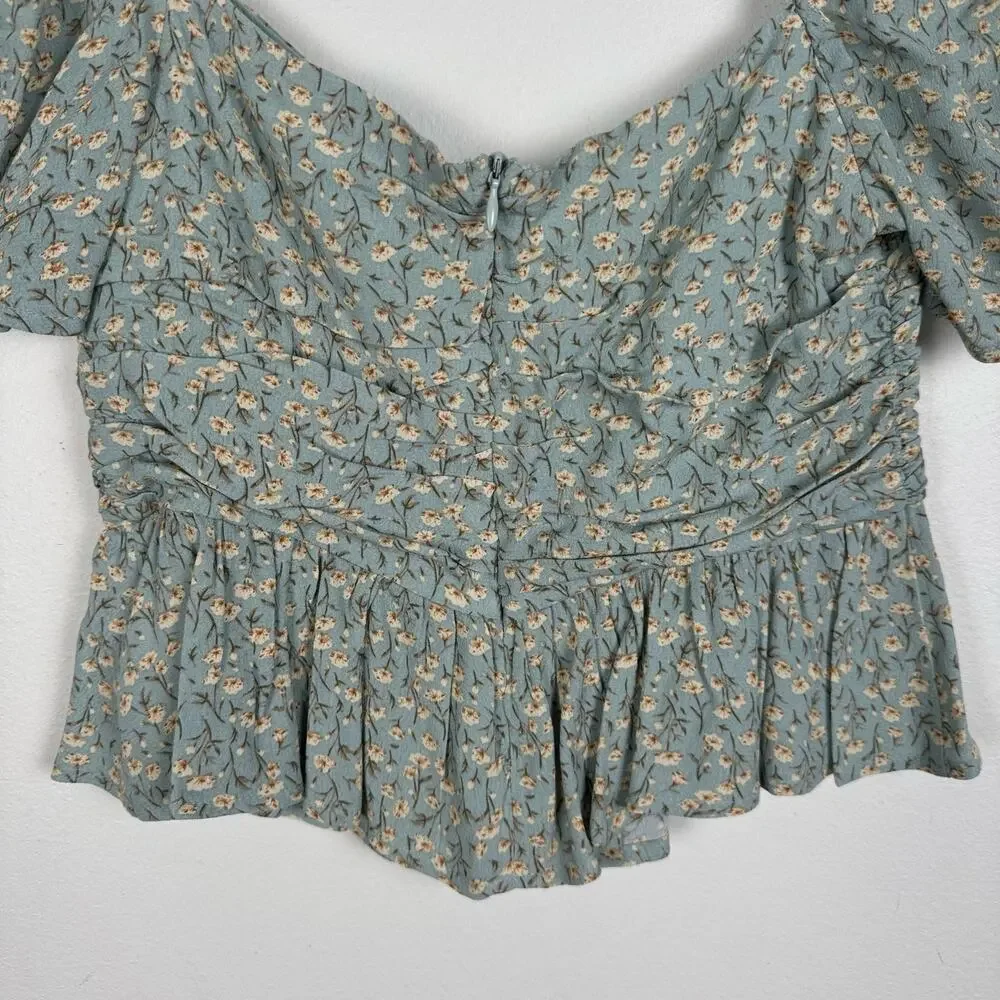 ASTR The Label Blue Ditsy Floral Cropped Peplum Ruched Top Puff Sleeve Size S